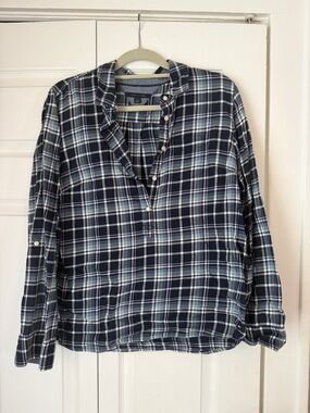 Navy and White Plaid Button Shirt